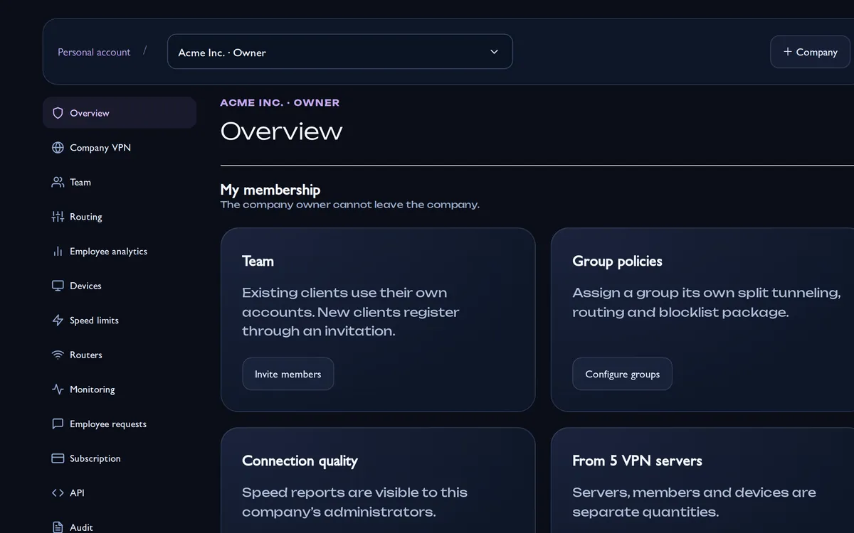 Company workspace: overview of VPNs, members and groups