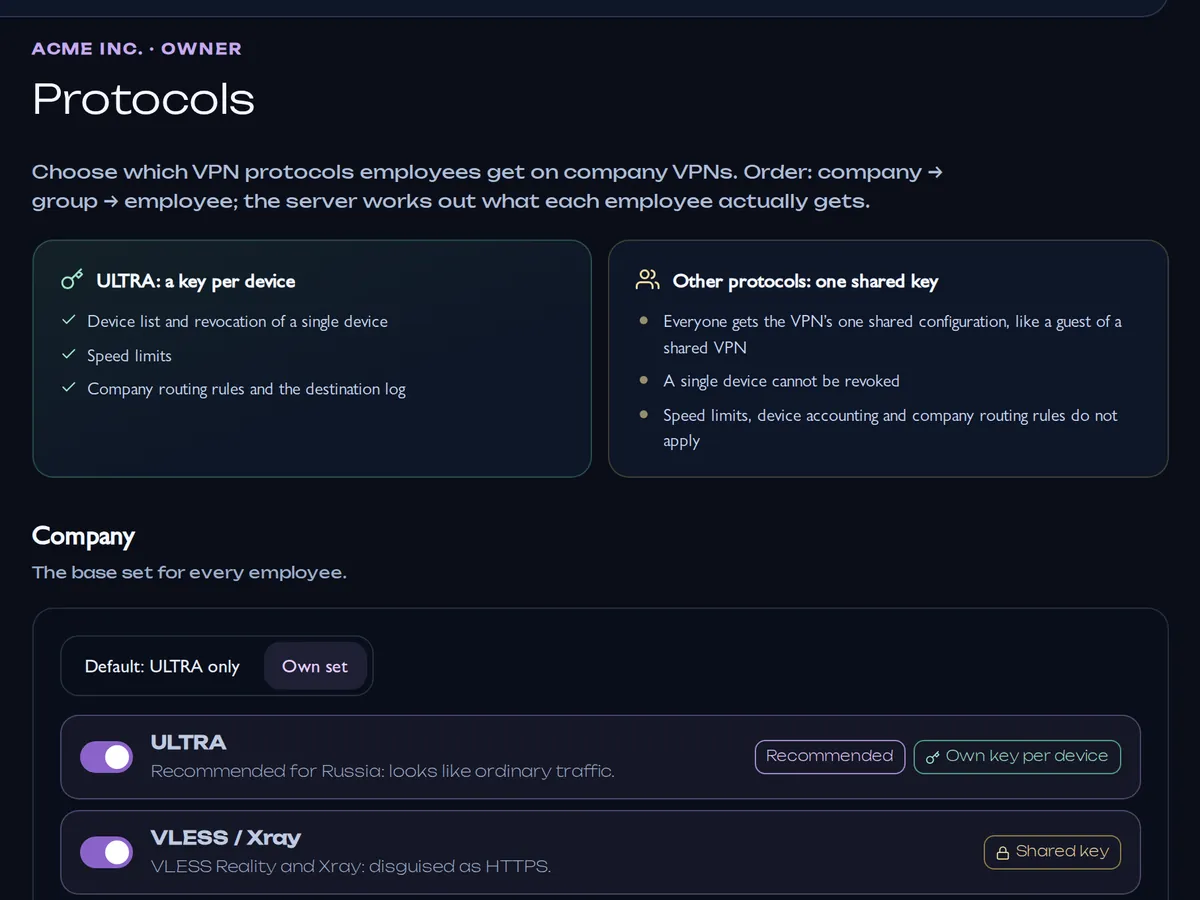 Protocols section: ULTRA has a key per device, the others share one key