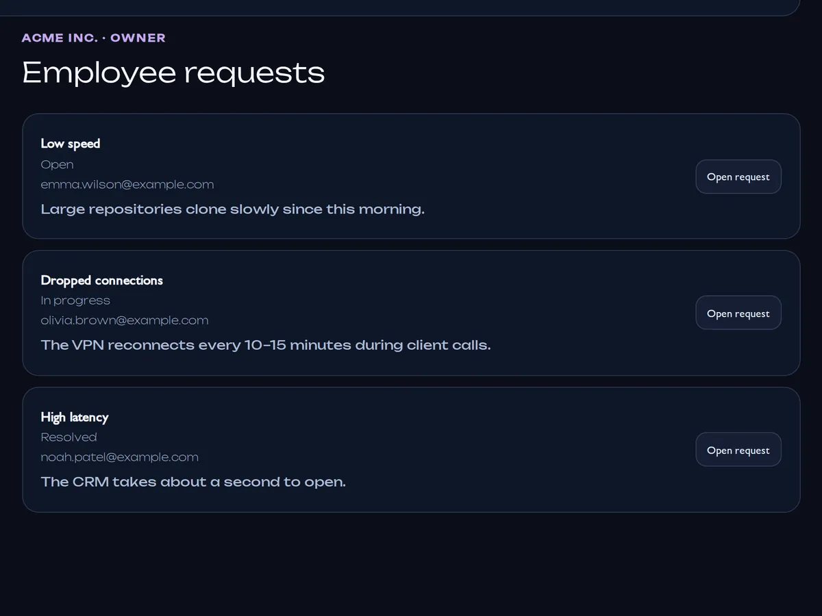 Employee requests: a low-speed report and the admin reply